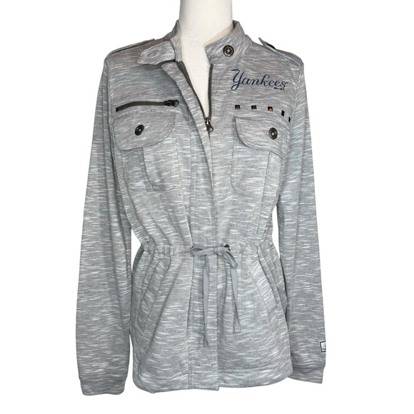 NWOT Majestic M New York Yankees Knit Jacket Sweater Gray Cinch Waist - Picture 1 of 10